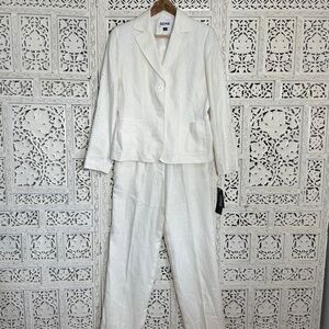 NWT Kasper 2-Piece 100% Linen Cream Ivory Embroidered Cut Out Suit Blazer Set